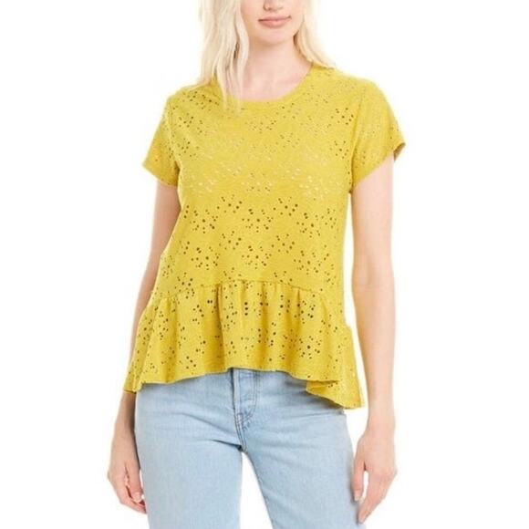 Nanette Lepore Yellow Floral Eyelet Peplum Blouse Size Medium - Picture 1 of 8